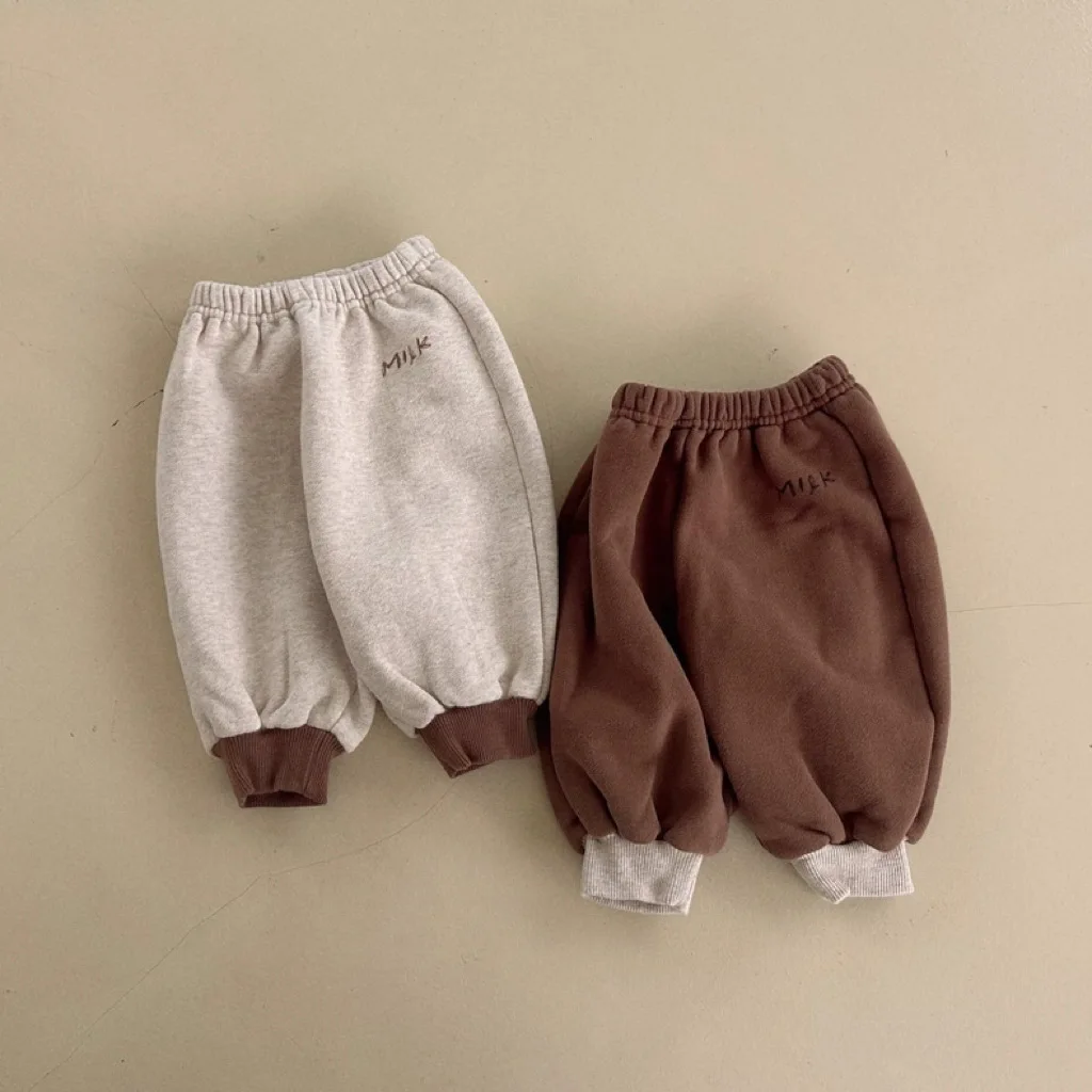 

2023 Winter New Baby Plus Velvet Thick Trousers Toddler Boy Letter Casual Pants Infant Girl Warm Pants Kids Fleece Clothes
