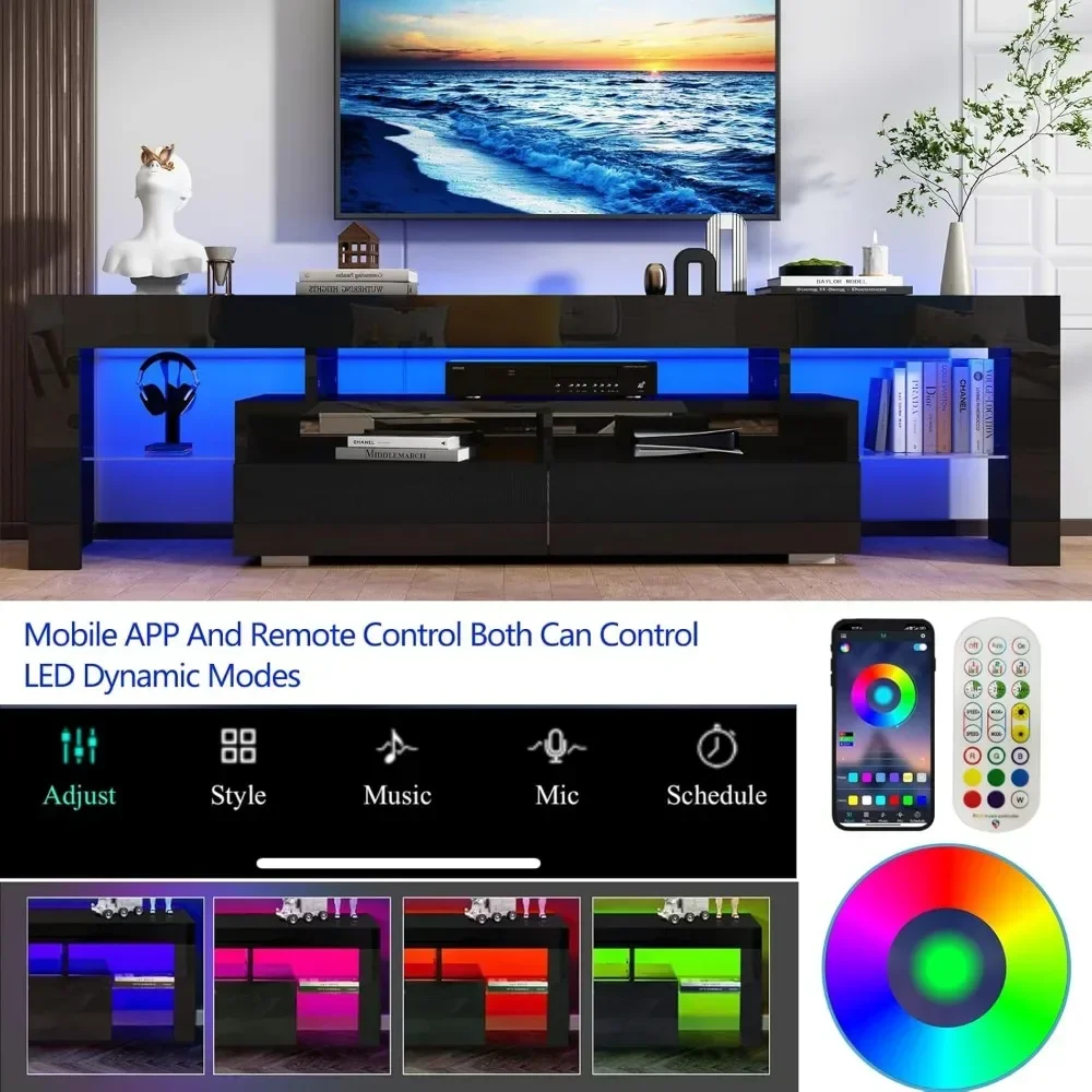 63in TV Stand 65/70 Inch TV,Modern LED TV Stand Living Room,Black Stand,High Gloss Entertainment Center Storage Drawer 3