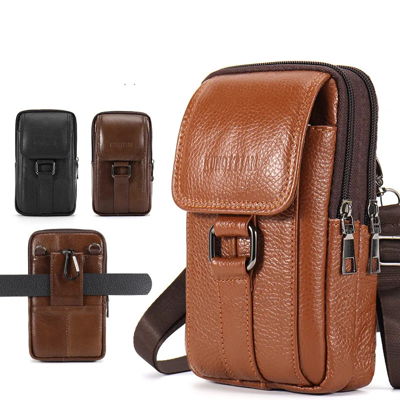 

Men's Messenger Bag Cowhide Leather Bag Male Mobile Phone Pouch Pocket Small Wallet Travel Waist Bag Multi-Pockets Chest Bag