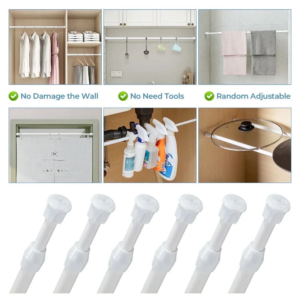 6Pcs 1.3cm Tension Rods Spring Steel Cupboard Closet Shoe Racks Bars Rod Curtain Rods 40-70cm 70-120cm Adjustable White Black