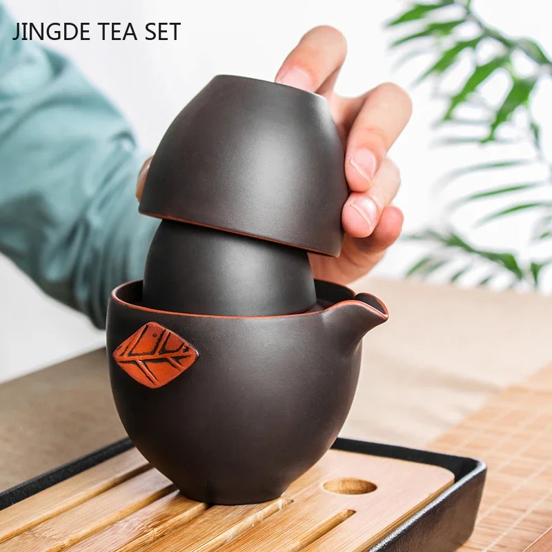 Portable Travel Tea Set Yixing Purple Clay Teapot Set One Pot and Two Cups Home Teaware Chinese Tea Ceremony Supplies Teapots