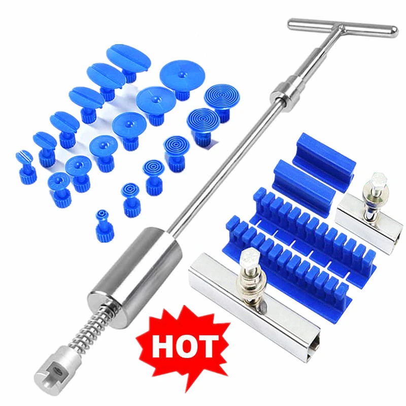 Tirabolli Per Carrozzeria Strumenti Car Paintless Dent Tool Tool Kit Dent Riparazione Kit estrattore Slide Reverse Hammer Colla Colla Tabs Aspiranti per grandine Danni Kit Ripara Ammaccature
