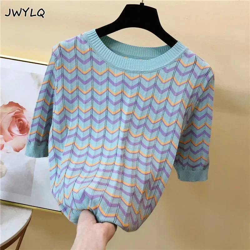

Casual Hollow Out Stripe Knitted Short Sleeve Top Women New Summer Thin Short T-shirt Korean Fashion Plus Size 4xl O-neck Female