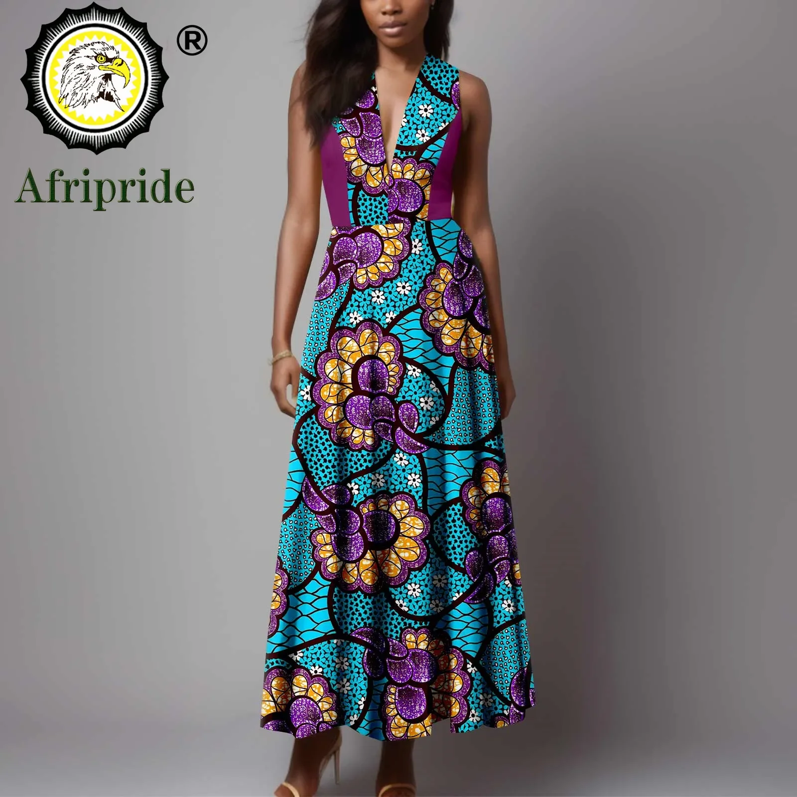 African Dresses for Women Sleeveless V-neck High Waist Ankara Attire Maxi Dress Print Outfits Slim Fit Party Wear A2325012