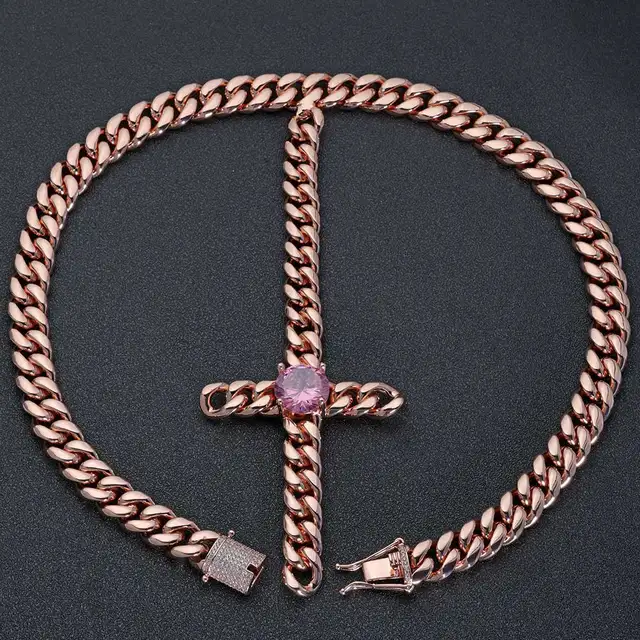 Hip Hop 16mm Big Pink Brass CZ Cross Pendant Jewelry Rose Gold Plated Stainless Cuban Chain Custom Necklace
