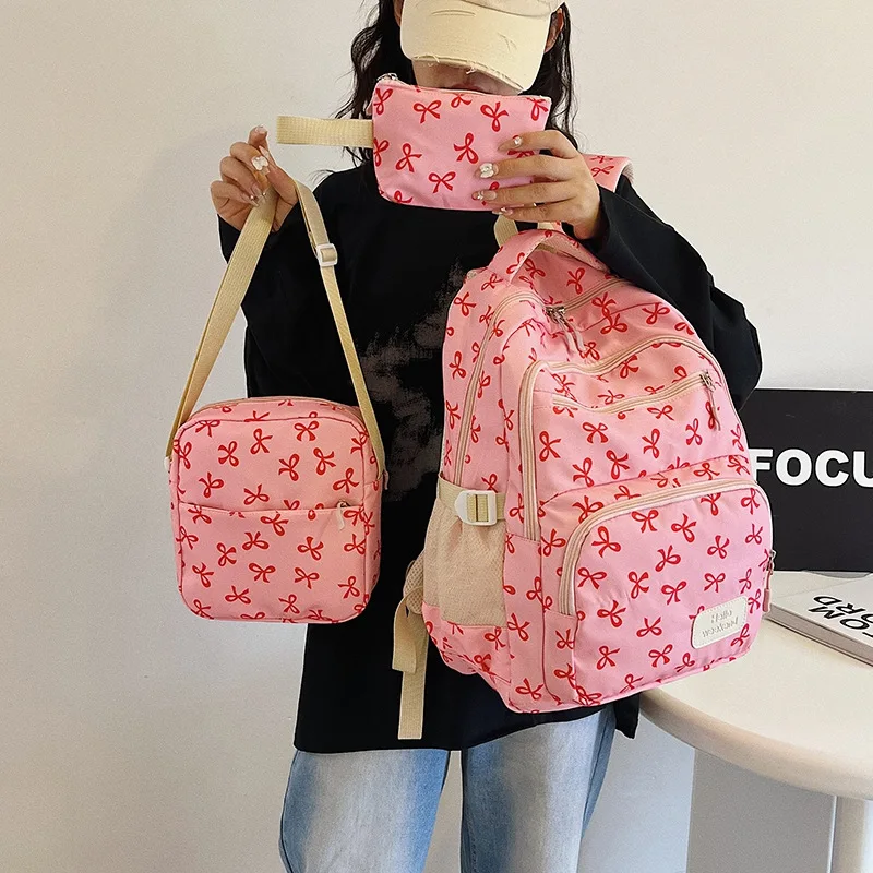 3 Pcs/Set Cute girl Large Capacity Backpack Bow Print Nylon Schoolbag Adjustable Strap Women daily Campus Backpack 2