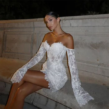 DREAM Lace Sweetheart Sheath Short Wedding Dress Women 2025 Long Sleeve Off The Shoulder Bridal Gown Vestido De Novia Customized