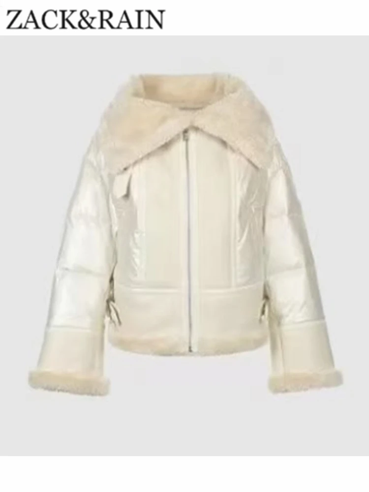 

ZACK RAIN Women Fashion Thick Warm Winter Fur Patchwork Down Jacket Vintage Long Sleeve Front Zipper Female Outerwear Chic Tops