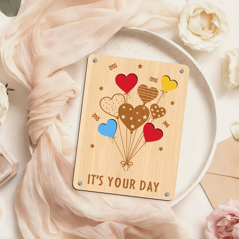 Elegant Wooden Heart Balloon Greeting Card - Perfect for Weddings, Birthdays, and Special Occasions