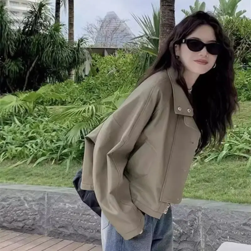 Standing Collar Short Jacket PU Leather Jacket for Women's 2024 Autumn Loose Fitting American Retro High-end Loose Casual Jacket