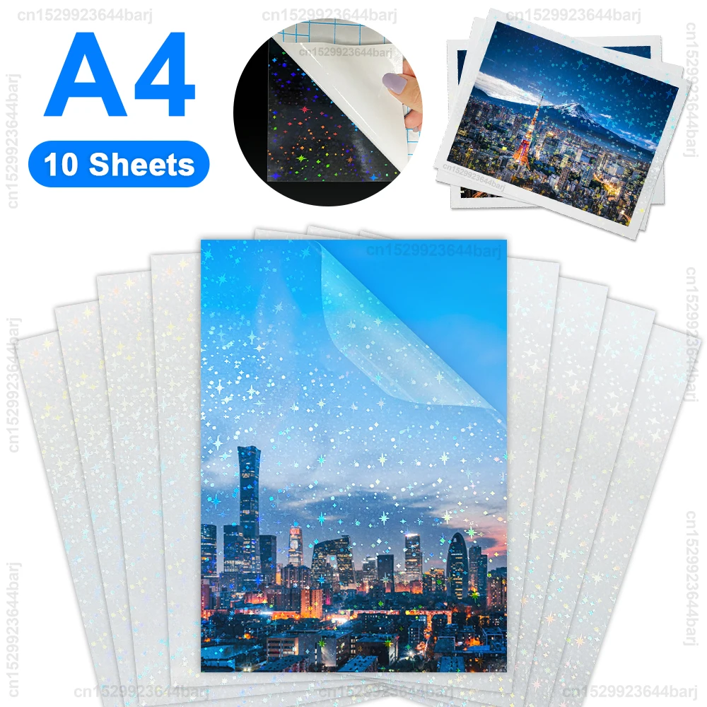 10 Sheets A4 Self-Adhesive Cold Laminating Film Waterproof Transparent Shiny Stars Dots DIY Package Card Photo Holographic Film