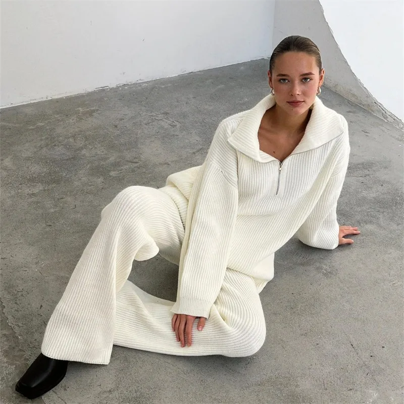 Simple High-end Solid Color Women's Autumn Winter Featuring Semi-zipper Sweater Knitted Straight-leg Long Pants Two-piece Set 4
