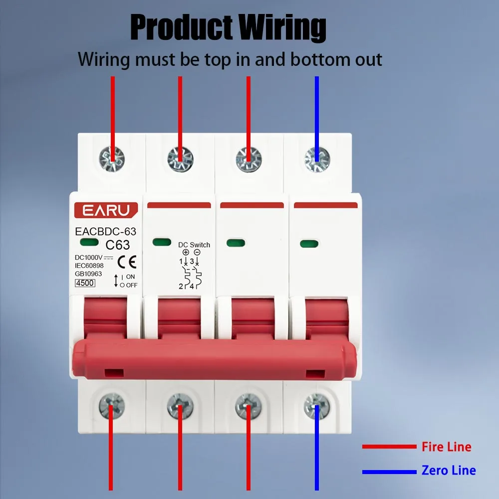 DC 1000V 1P 2P 3P 4P Solar Mini Circuit Breaker Overload Protection Switch6A~63A