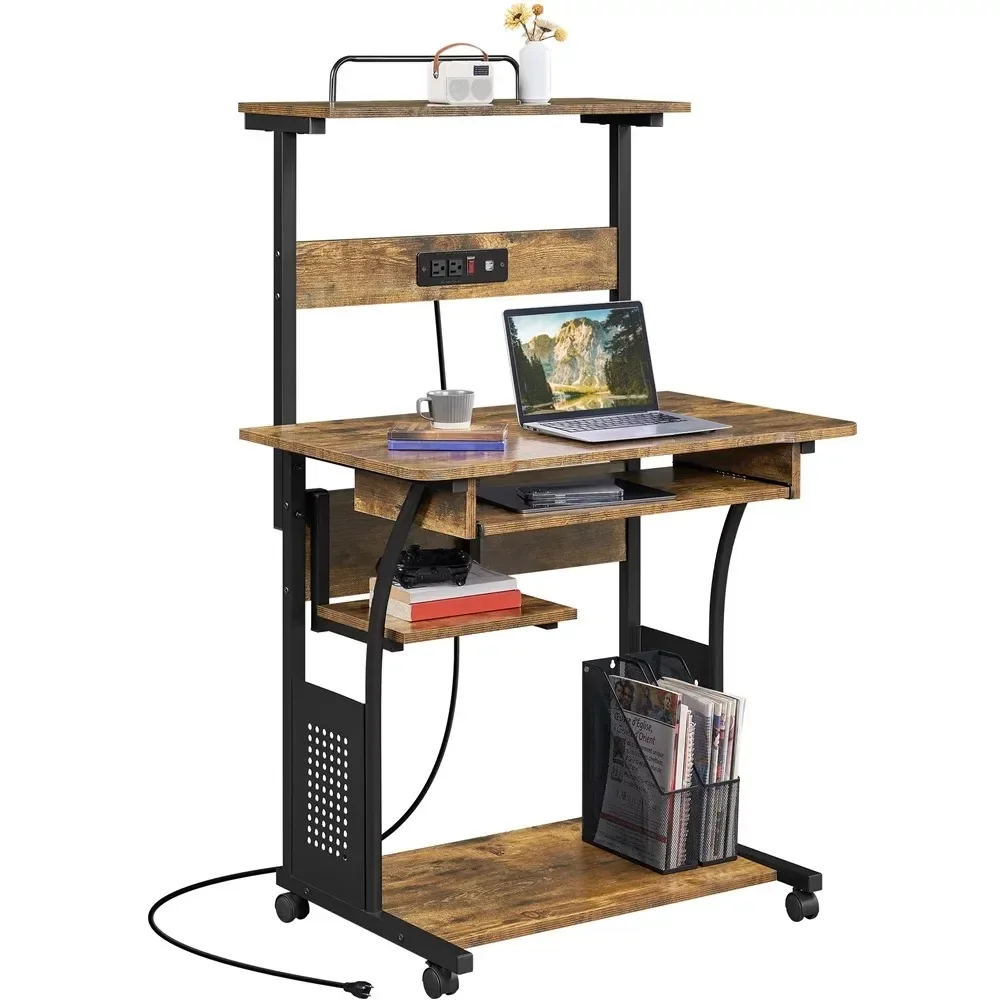 

3 Tiers Rolling Computer Desk on Wheels with Charging Station and Keyboard Tray, Mobile Home Office Desk PC Laptop Workstation