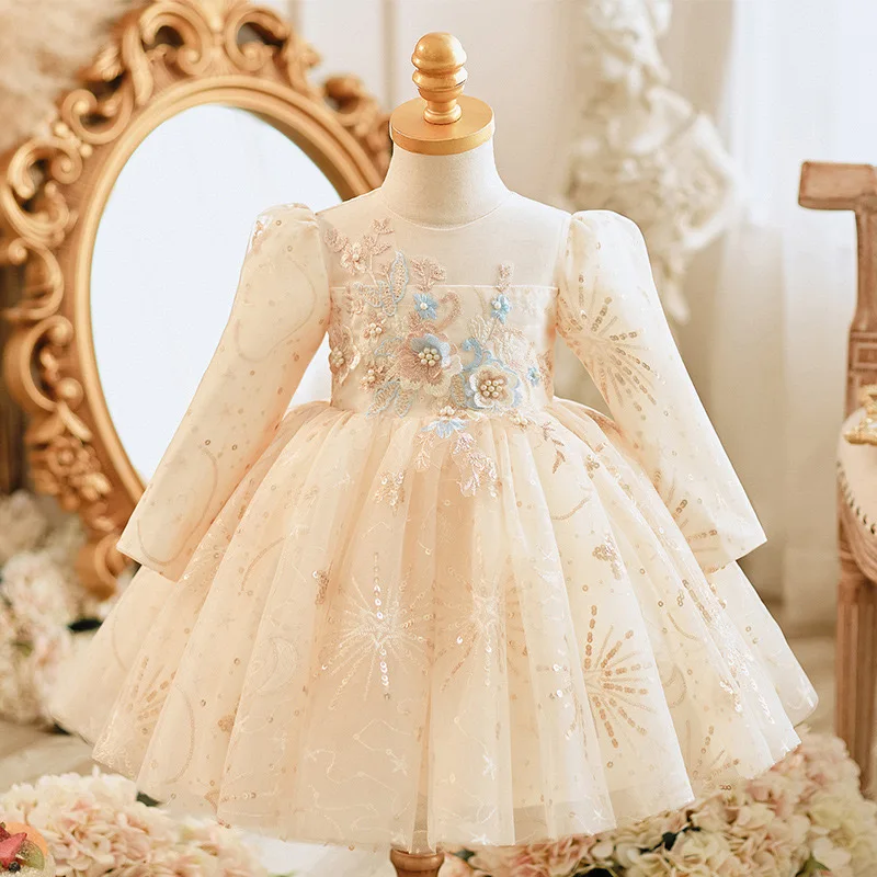 

Champagne Lace Children Dress Appliques Baby Girl Princess Ball Gown Long Sleeve Flower Girl Wedding 1st Birthday Party Clothes