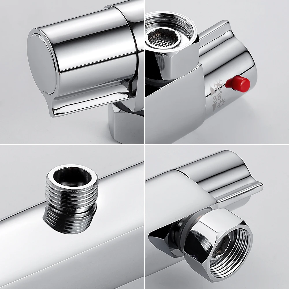 Bath Shower Faucet Thermostatic Wall Mounted Mixer Valve Tap Temperature Control Rain Shower Chrome Twin Outlet