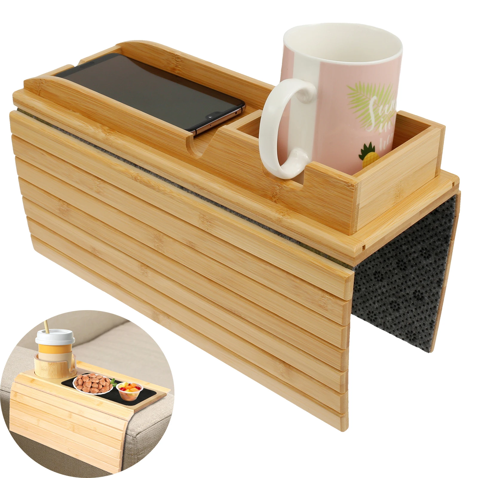 Couch Cup Holder Bamboo Wood Sofa Armrest Tray Foldable Sofa
