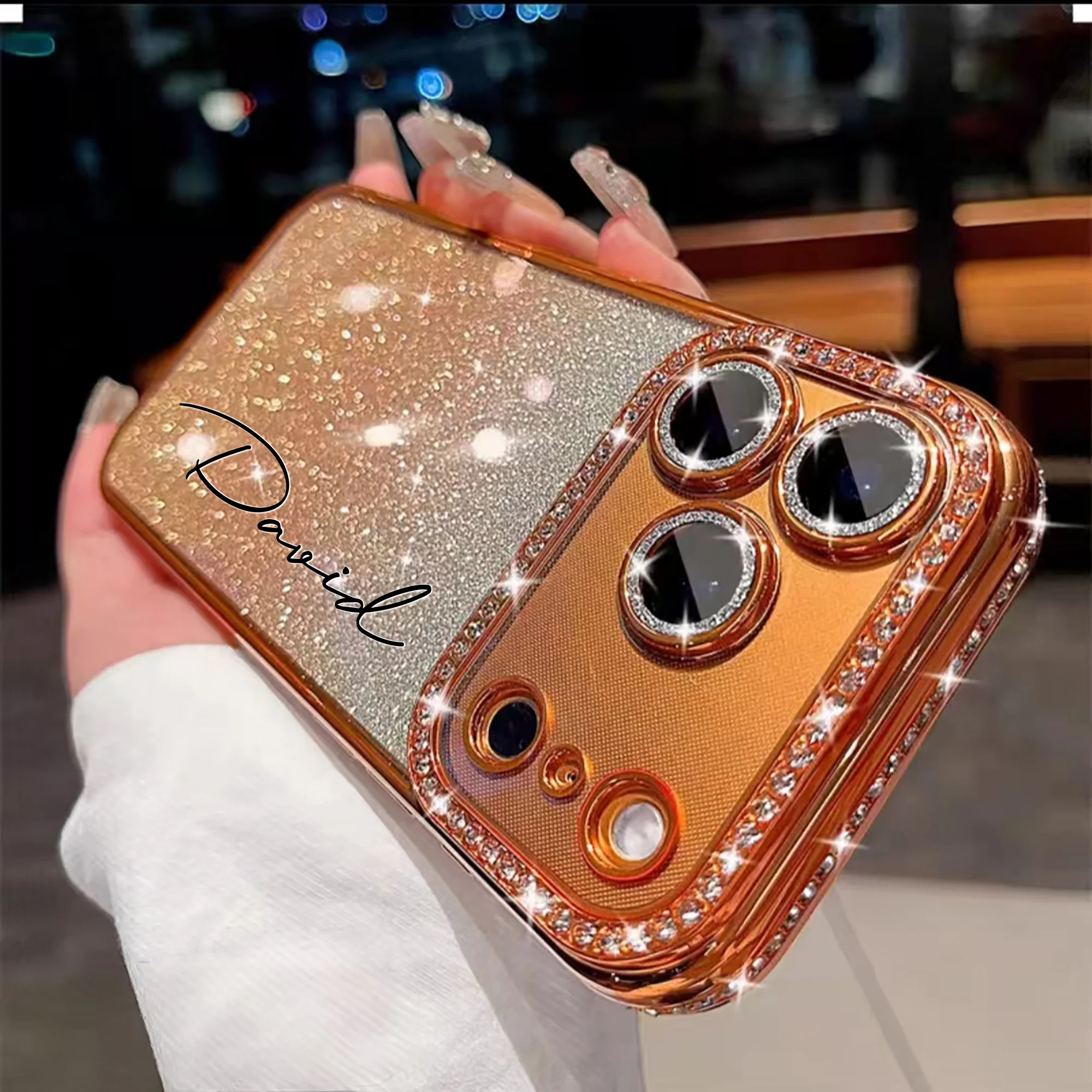 Custom Letters Name Starry Orange Flash Diamond Gradient Phone Case thumbnail 4