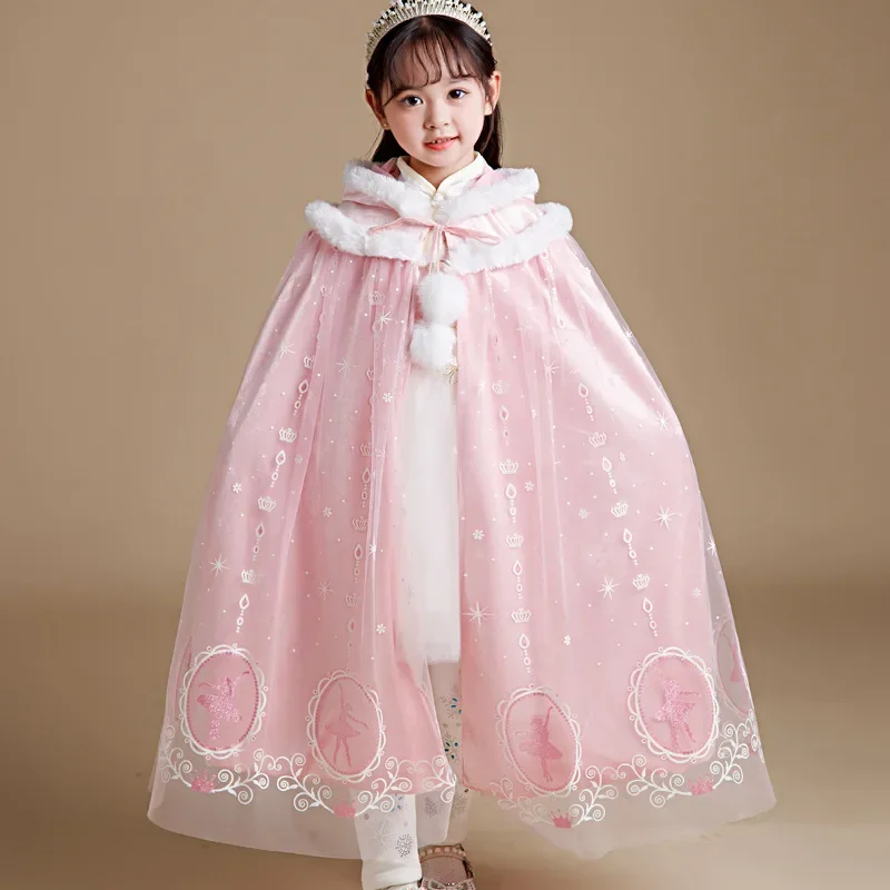 

Girl Princess Cloak Spring Autumn Warm Hooded Outfits Deluxe Print Halloween Party Accessories Kids Blue Pink Carnival Clothes