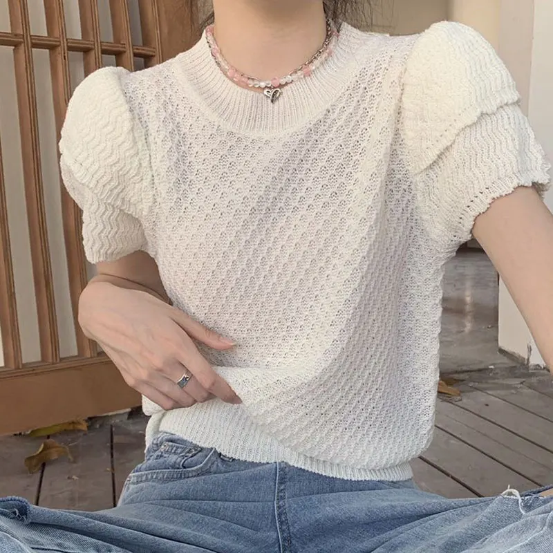 

Women Trendy Sweet Chic Layered Short Sleeve Design Knitted T-shirt 2024 Summer Female Casual O Neck Slim Solid Pullover Tops