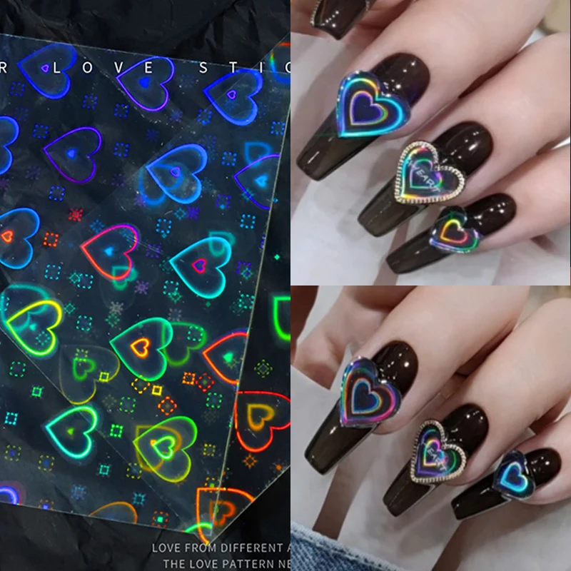 

1Sheet Laser Heart Nail Sticker 3D Nail Art Shiny Love Gradual Sticker Decals Self Adhesive Slider Aurora Manicure Decoration