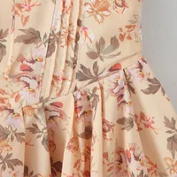 2024 Sexy Flower Print V Collar Corset Style Mini Dress Short Puff Sleeve Women Low Waist Ruched Pleated Contrast Color Hem Robe - Image 5