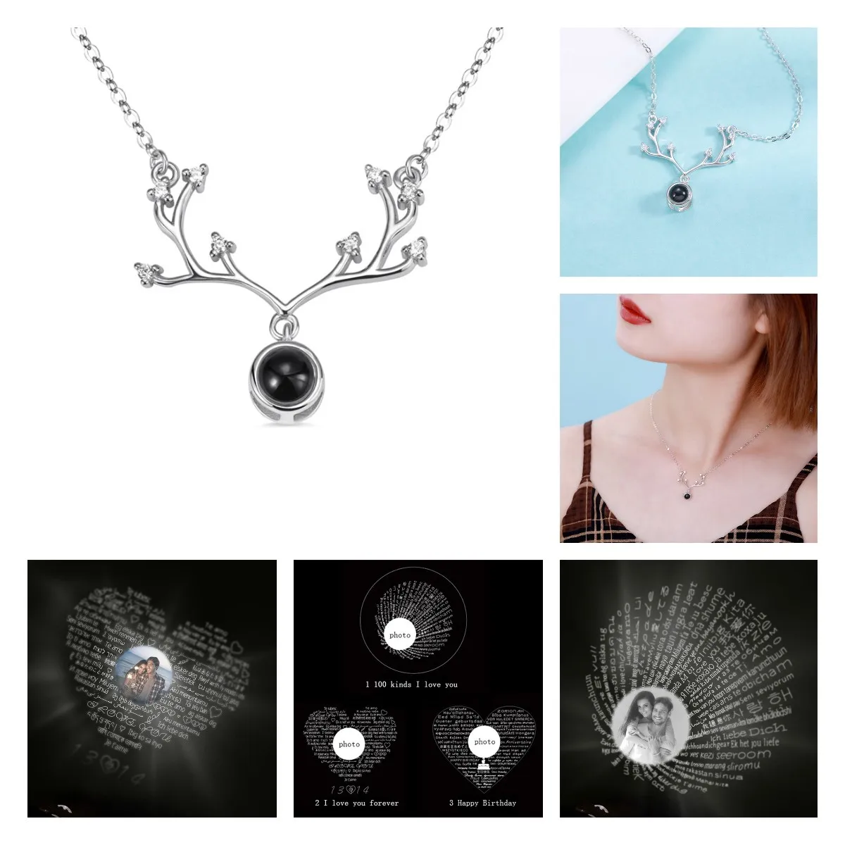 

2021 New Custom Projection Necklace Memory Jewelry Gift Personalized Romantic Antlers Valentine's Day Gift