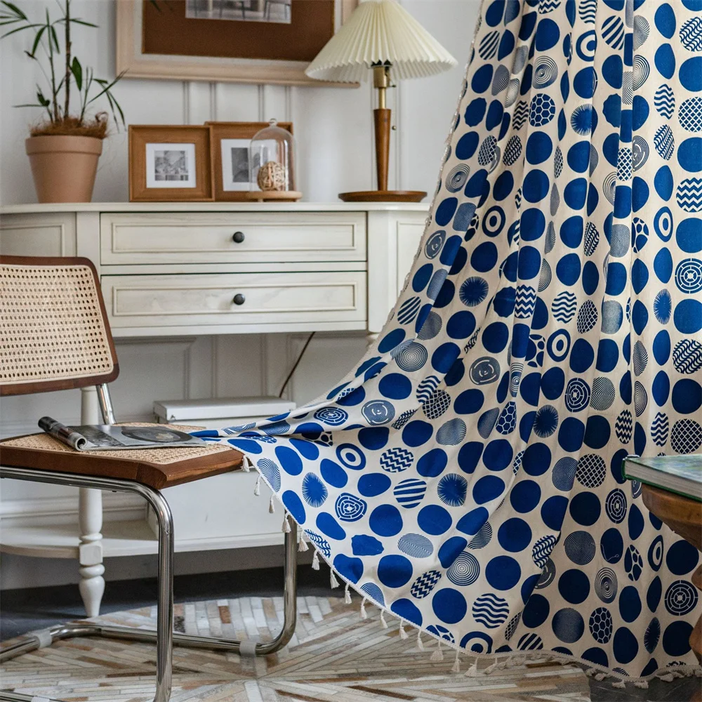 

Geometric Semi-Blackout Windows Curtains Bohemian Blue Dot Cotton Linen Curtain Trims for Dining Living Rooms Bedroom