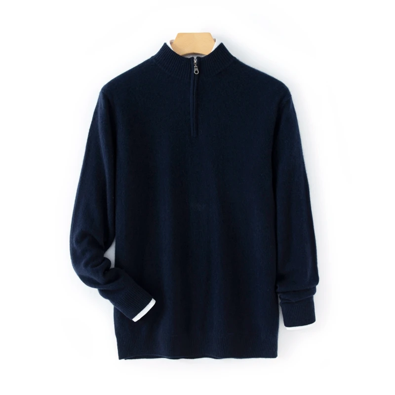 Men's Winter Cashmere Sweater Medium Thick Half High Collar Half Zipper Classic Loose Sweater 100% Cashmere Knitted Top 3