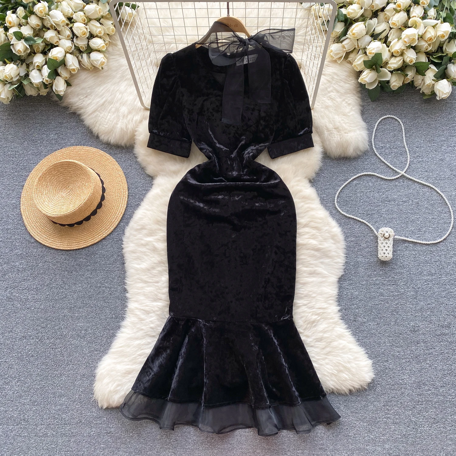 

Elegant Long Black Sheath Dress for Women Party Evening Female Mermaid Ruffle Lace Patchwork Bow Formal Traf New In 2023 Chic