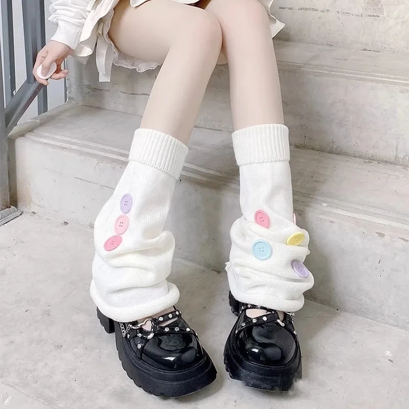 

Sweet Pink Buttons Tie Leg Warmers Kawaii Japanese Plush Fur Leg Winter Warm Y2K Leg Covers Harajuku Bow Boot Cuffs JK Lolita So