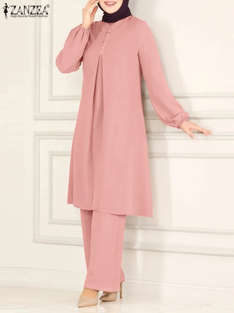 

Women Islamic Clothing Eid Mubarek Outifit 2PCS ZANZEA Fashion Autumn Muslim Sets Elegant Long Sleeve Blouse Wide Leg Pant Suits