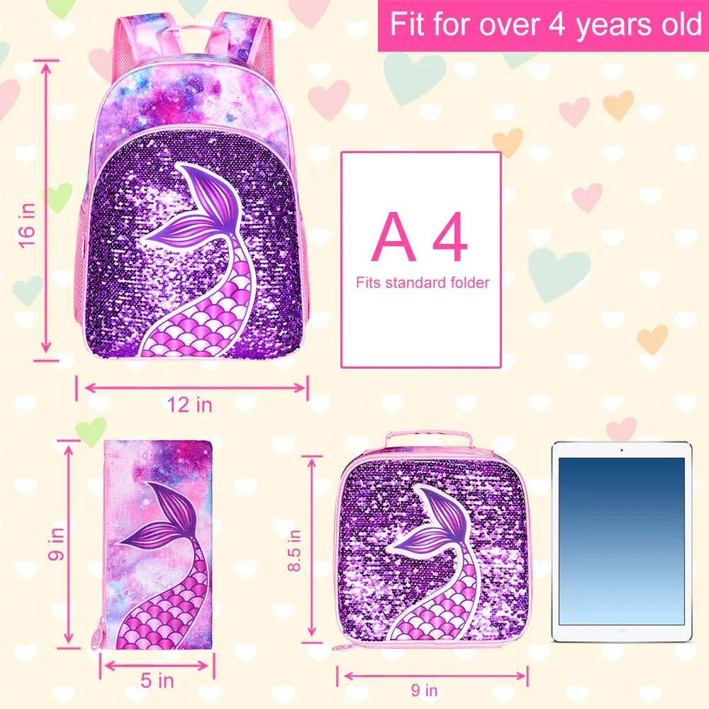 3PCS Kids Backpacks for Girls  16" Little Kid Mermaid Sequin Preschool School Bookbag and Lunch Box 5