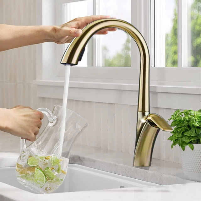 ก๊อกน้ำสำหรับห้องครัวทองเหลืองสีทองลายขนแปรงสุดหรูมีดีไซน์แบบดึงออกได้มือจับเดี่ยวแบบเย็นและร้อน2ฟังก์ชัน 3