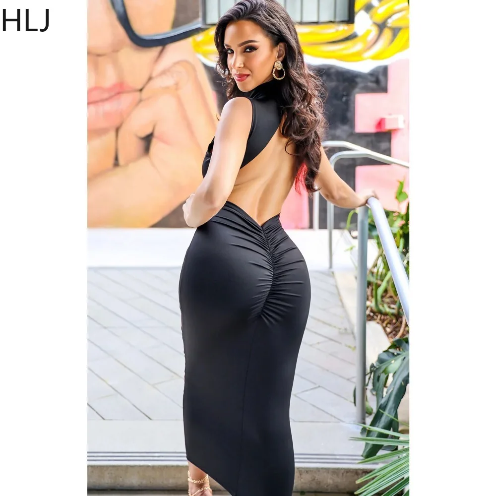 

HLJ Sexy Solid Color Bodycon Stacked Backless Dresses Women O Neck Sleeveless Slim Mid Dress Fashion Female Streetwear Vestidos