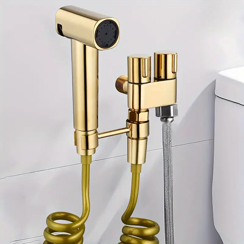 Premium toilet spray gun with gold finish, wall mounted, equipped with handheld bathtub sprayer and 2m hose dual spray