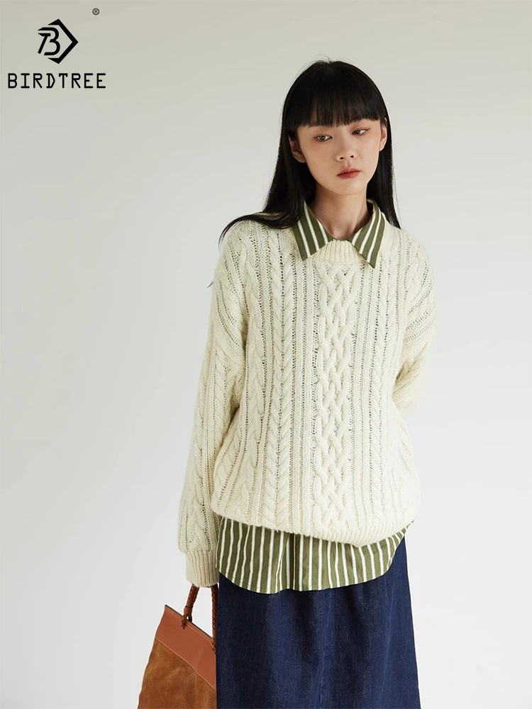 

Birdtree 50%Wool Pullover Round Neck Twist Retro Loose Solid Color Comfortable Warm Casual Commute Sweater Fall Winter T3D125QD