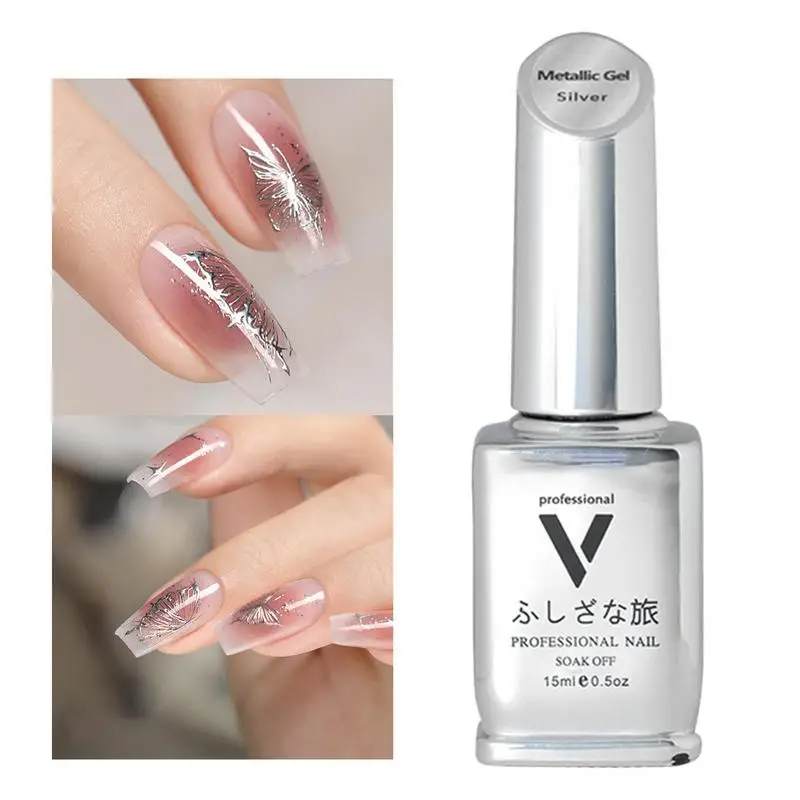 

15ml Silver Nail Polish Bright Metallics Painting Gel Polish Silver Mirror Gel Nail Polish Flower Drawing Lines French Nail