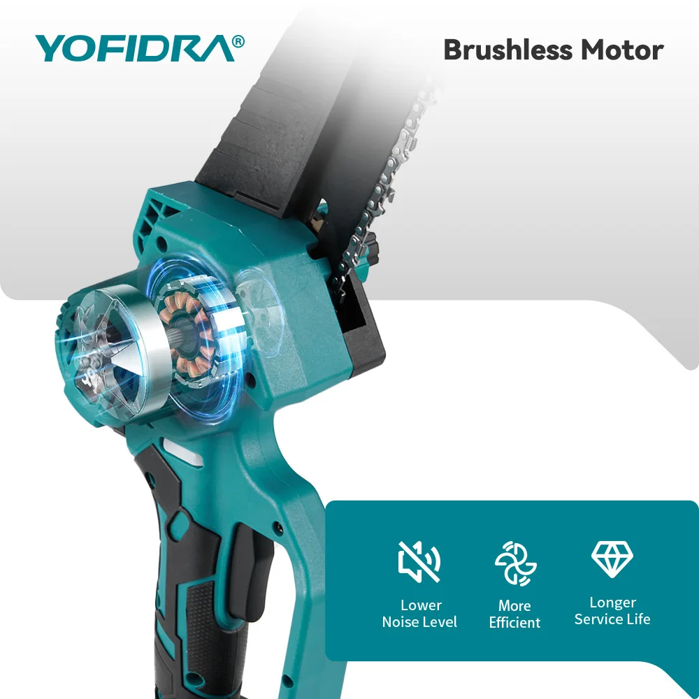 YOFIDRA 8 Inch Brushless Electric Chainsaw Cordless Woodworking Pruning Saw Garden Cutting Power Tool For Makita 21V Battery Pin — view 5