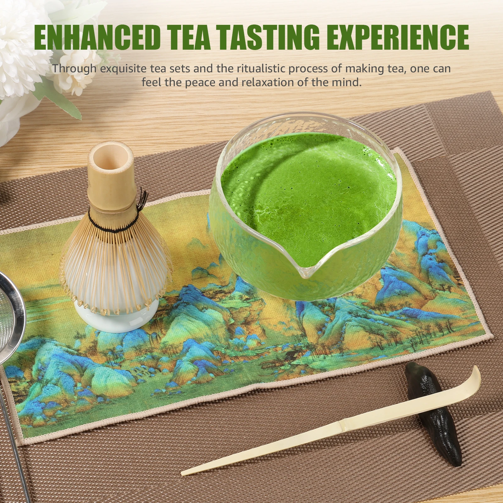 7Pcs Matcha Starter Set Japanese Handmade Matcha Teaset Gift Box with Glass Bowl Bamboo Spoon Ceramic Whisk Holder and Sieve