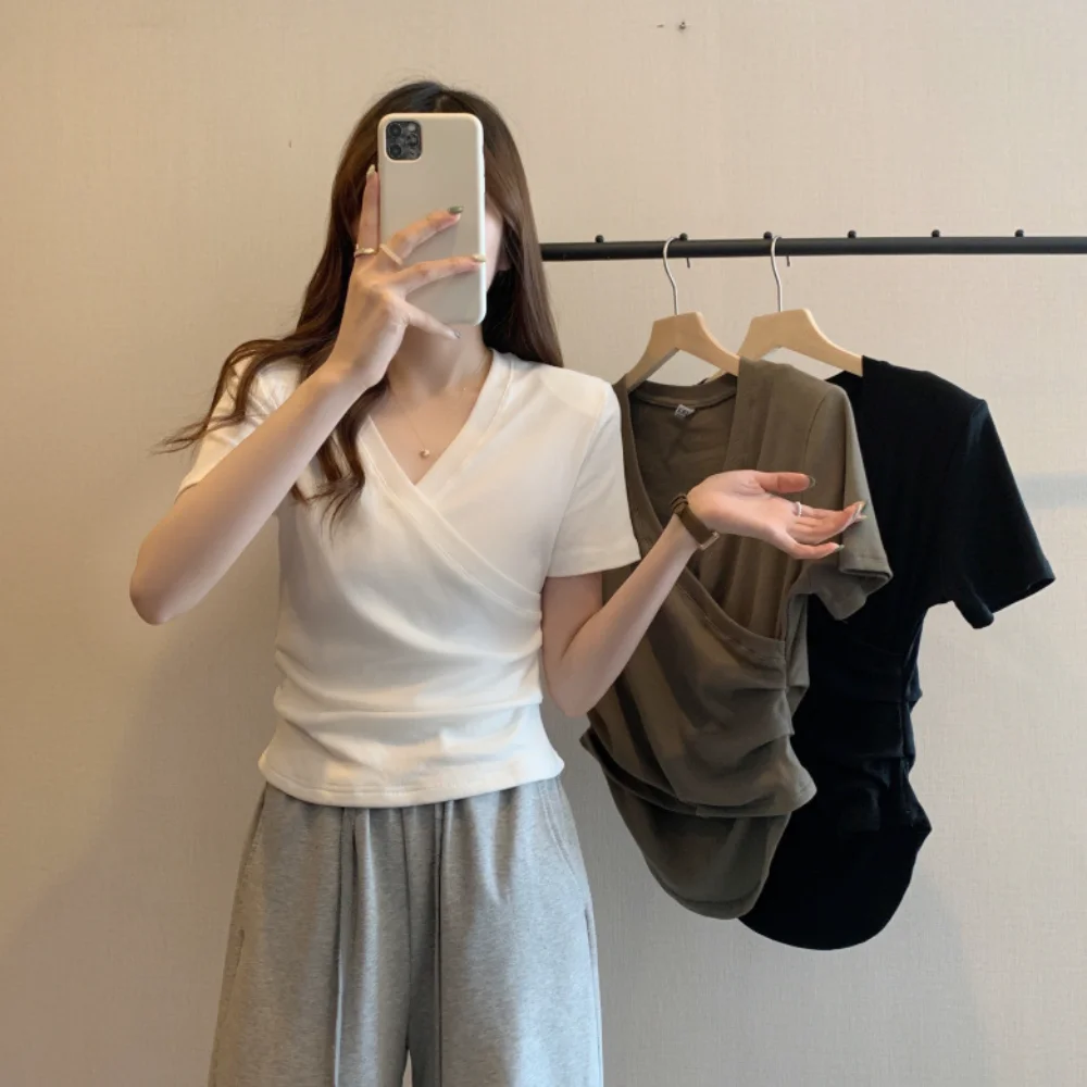 

Cross V-neck Retro Short Sleeve Women 2023 Summer New Solid Cotton T-shirt Fashion Y2K Student Personality Top