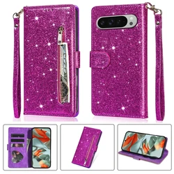 Glitter Wrist Strap Leather Flip Kickstand Wallet Phone Case with Card Holder for Pixel 11Pro (Purple)
