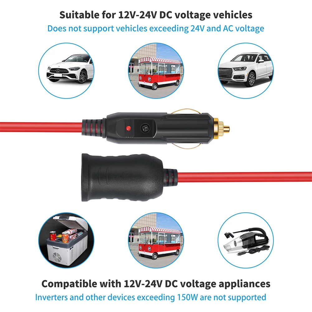 Prolunga Accendisigari 12-24V 3,6 Metri - Adattatore Maschio-Femmina Con Indicatore Luminoso E Fusibile 10A Per Auto, Camion, Pompa Aria