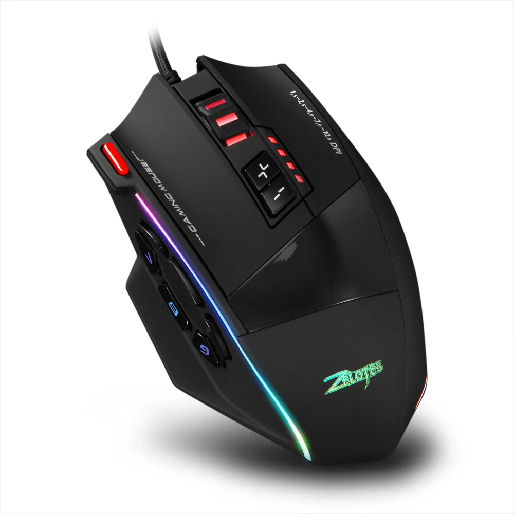 Проводная игровая мышь Zelotes C-13, 13 клавиш, 10000DPI, RGB, ремешок для мыши КБ, встроенный противовес