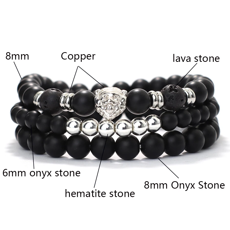 Men Black Onyx Stone Beaded Hematite Lion Bracelet