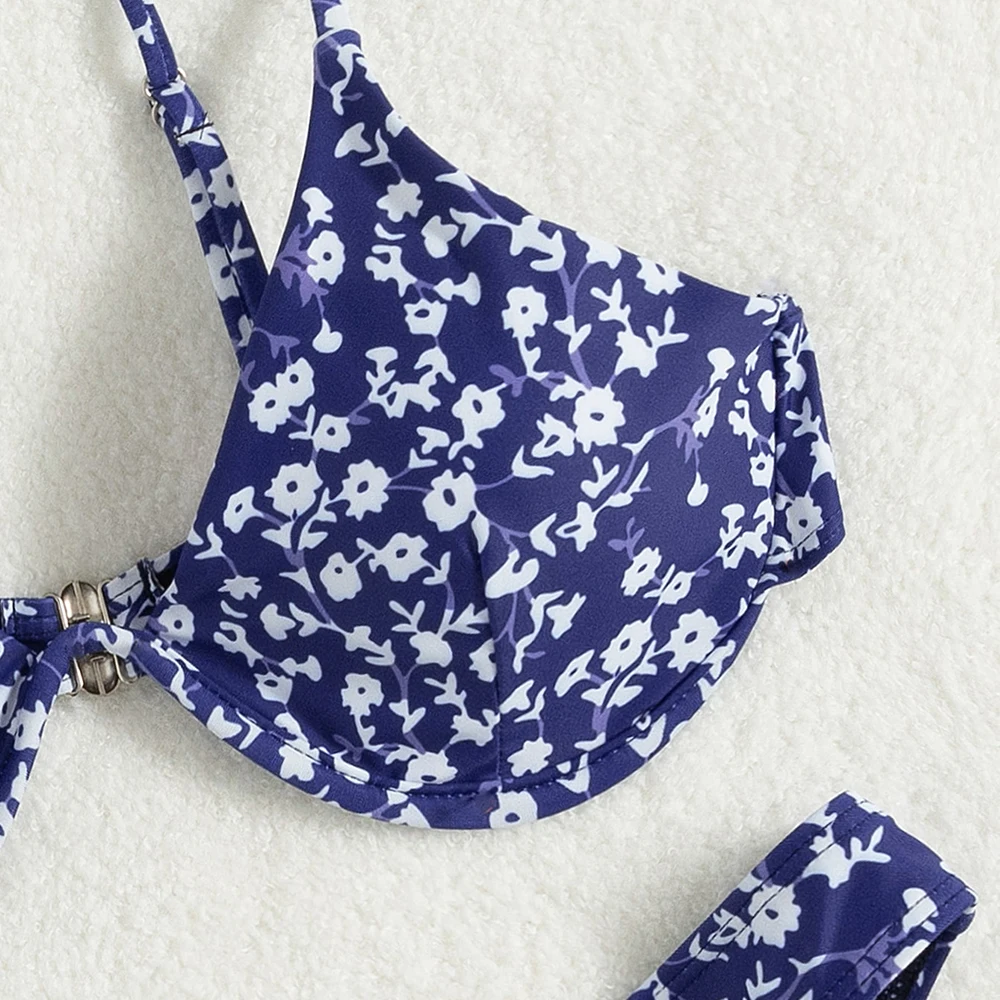 Women Triangle Western Bikini Set Female Floral Double Shoulder Split Swimwear Suit Beachwear 2022 New Beach Bathing Suits