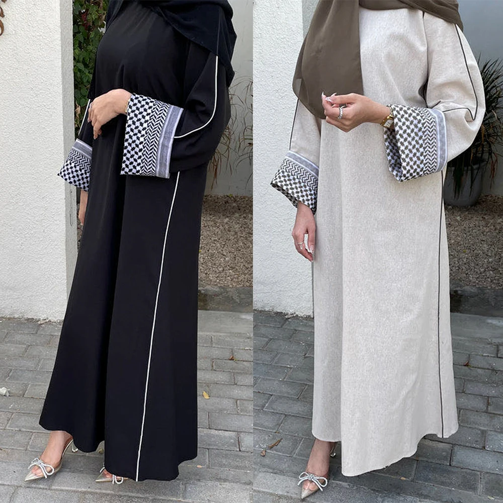 Keffiyeh Linen Closed Abaya Dubai Luxury Muslim Hijab Dress Patchwork 2024 Party Dresses for Women Ramadan Eid Islam Kaftan Robe
