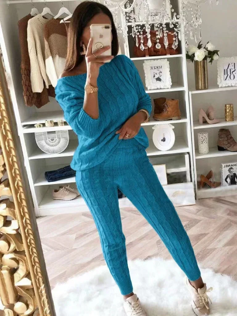 New Women Two Piece Set Female Sweater Tops + Elastic Waist Pant Knitted Suit Women 1