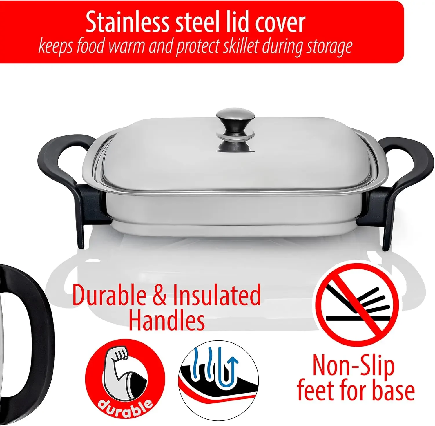16-Inch Electric Skillet - Rectangular Stainless Steel Pan with Handles and Lid Cover 3