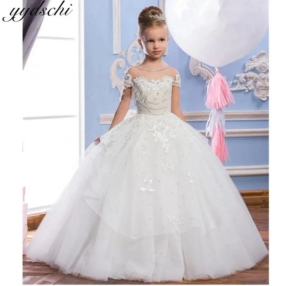 

2022 White Tulle Flower Girl Dresses Beading Appliques Girl Wedding Dress Luxury Short Sleeves Princess First Communion